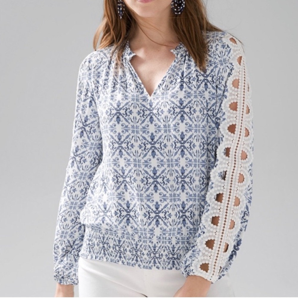 WHBM Embroidered Smocked Waist Blouse